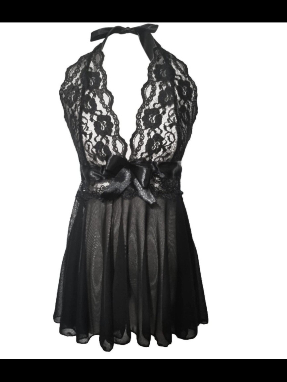 Avid Love Sheer Mesh & Lace Babydoll Halter Mini Dress - Black